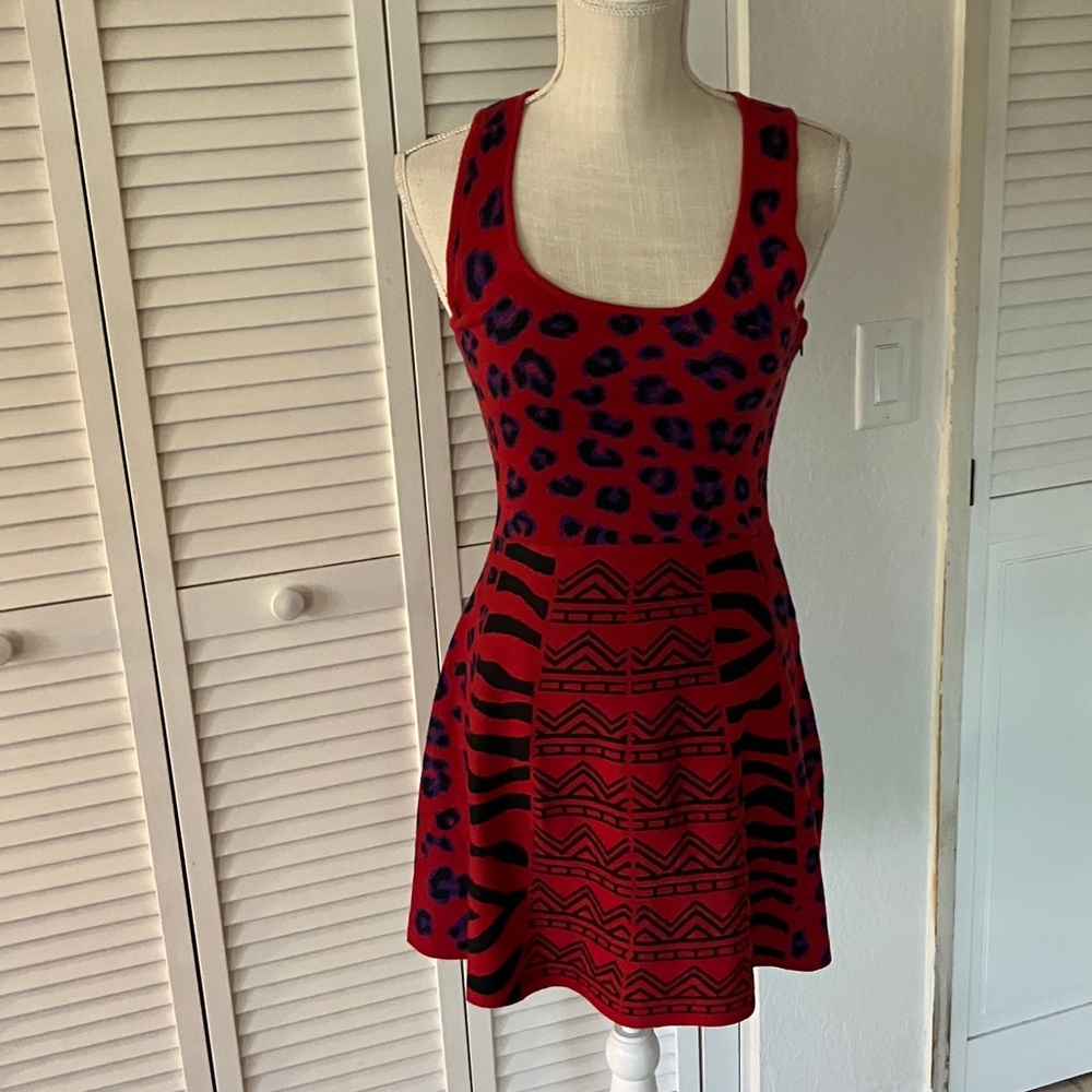 Jealous Tomato Red Knit Dress Fit & Flare graphic black and purple design‎ SMALL